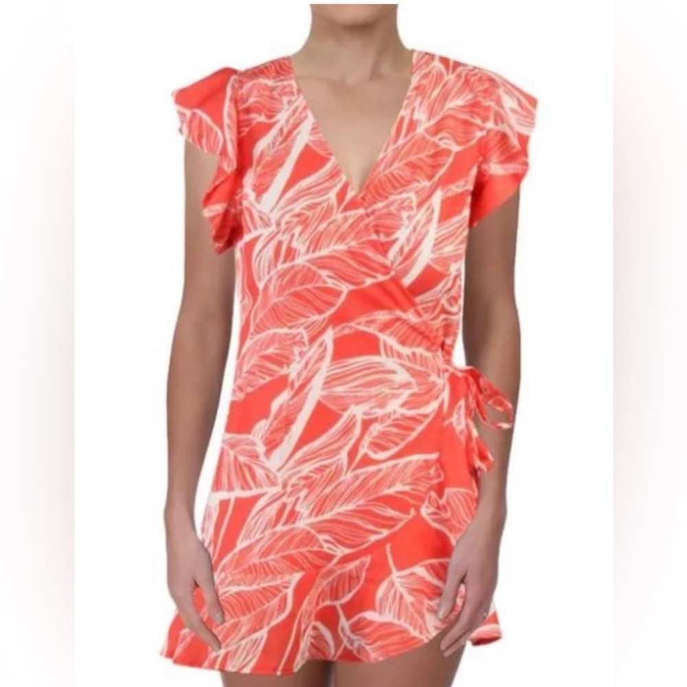 Aqua mini floral wrap dress in coral